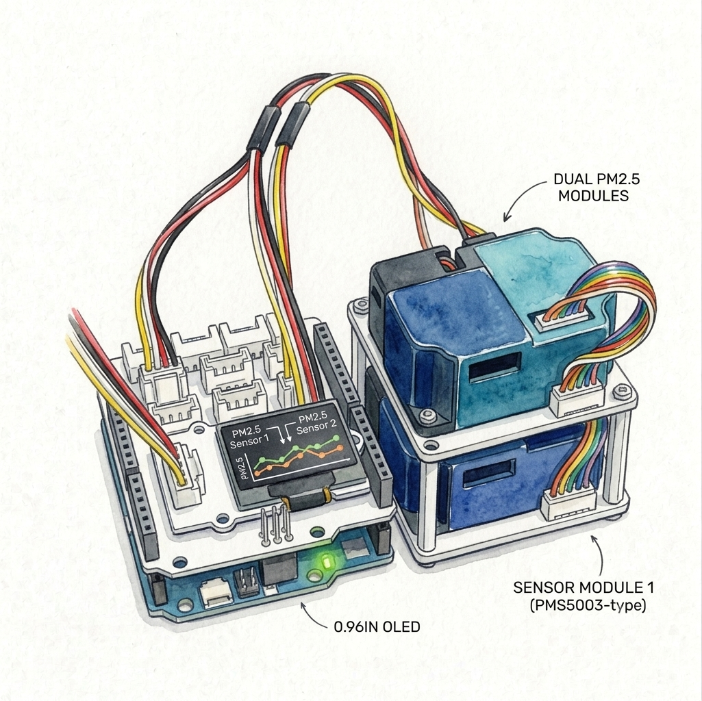 Arduino air-quality monitor with two PM2.5 modules and OLED display